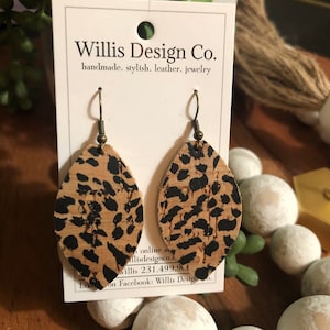 Animal print cork on leather earrings