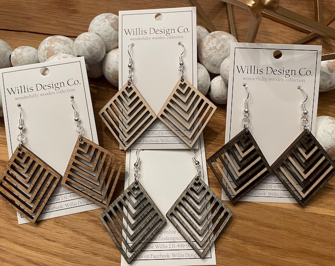 Wooden geometric earrings, diamond shaped earrings