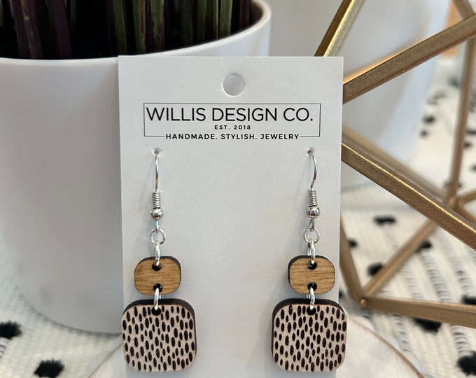 Hand painted wooden engraved dangle earrings