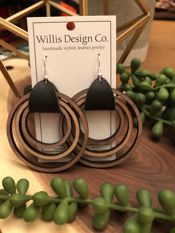 Leather and on sale wood earrings