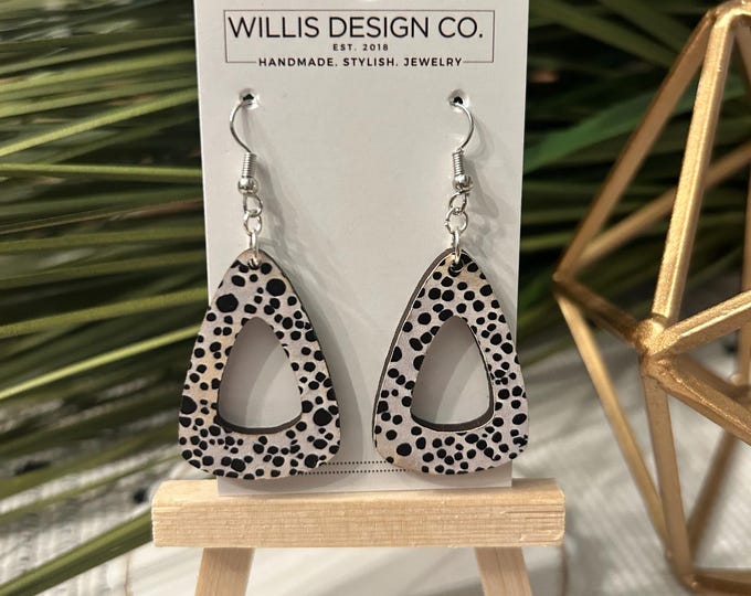 Grey and black wooden cut out earring