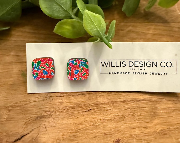 Pink, green, and white paisley patterned stud earrings