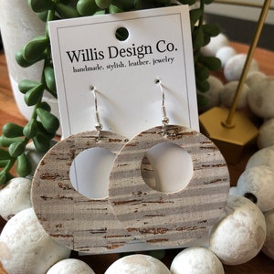 White and Grey Stripe Cork on Leather -April Earring of the month