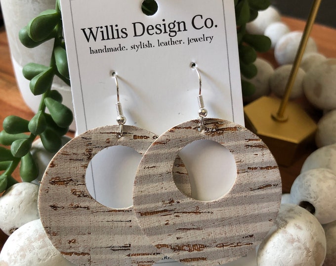White and Grey Stripe Cork on Leather -April Earring of the month