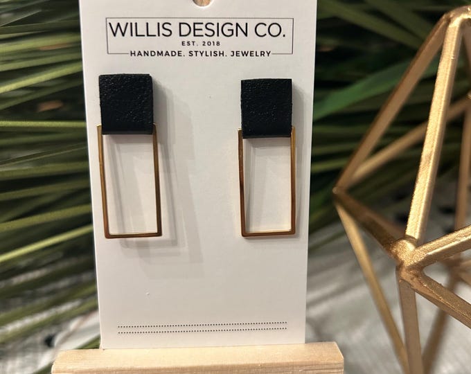 Black leather with gold accent rectangle stud back earrings