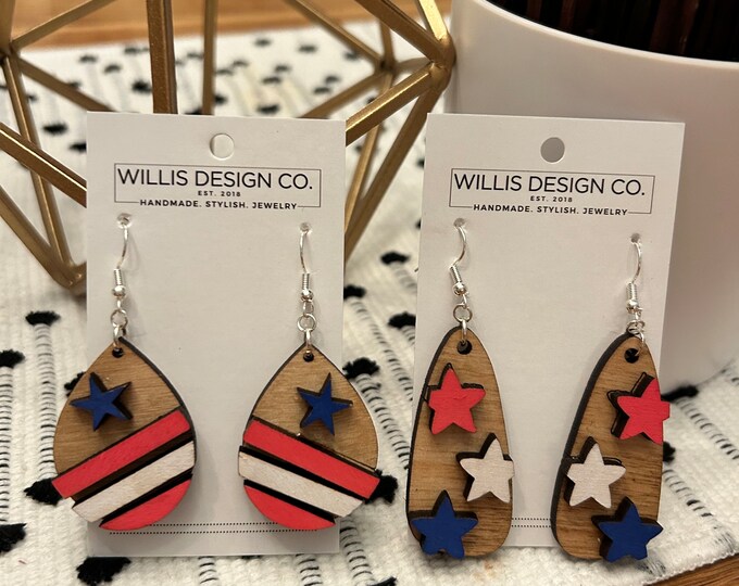 Wooden hand painted 4th of July Earrings, Stars and Stripes Earrings, Independence Day Earrings