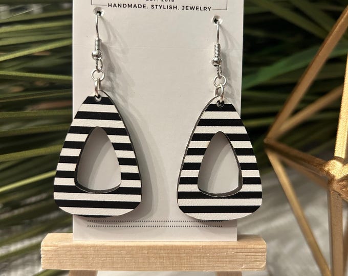 striped wooden cutout earrings