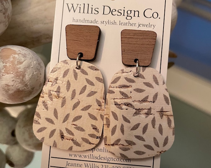 Cream and tan cork on leather with wooden stud earrings
