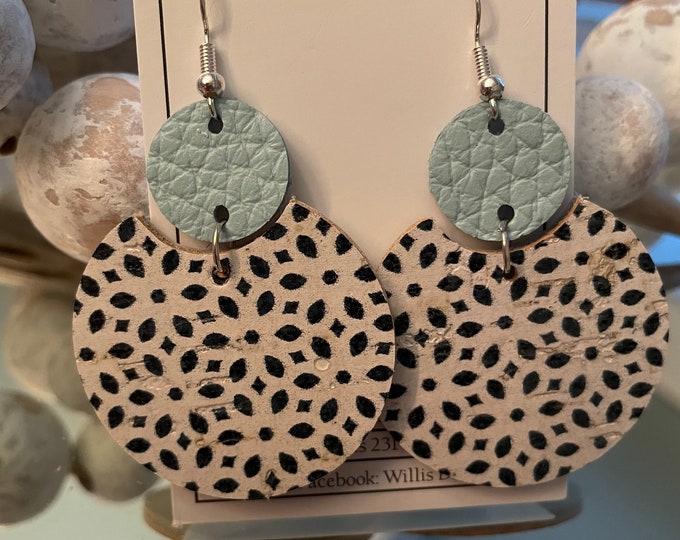 Black, white, and baby blue circle drop cork on leather earrings