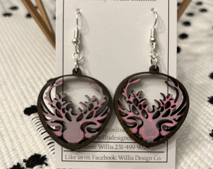 Delicate wooden deer earrings, buck earrings, hunting earrings, camo earrings