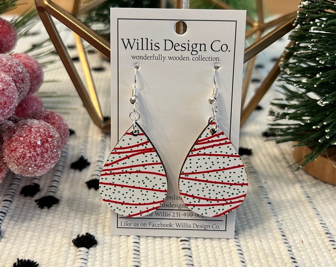 Wooden snack cake holiday Christmas tree teardrop earrings