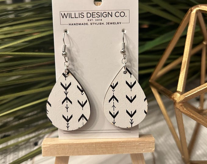 black and white wooden arrow teardrop earrings