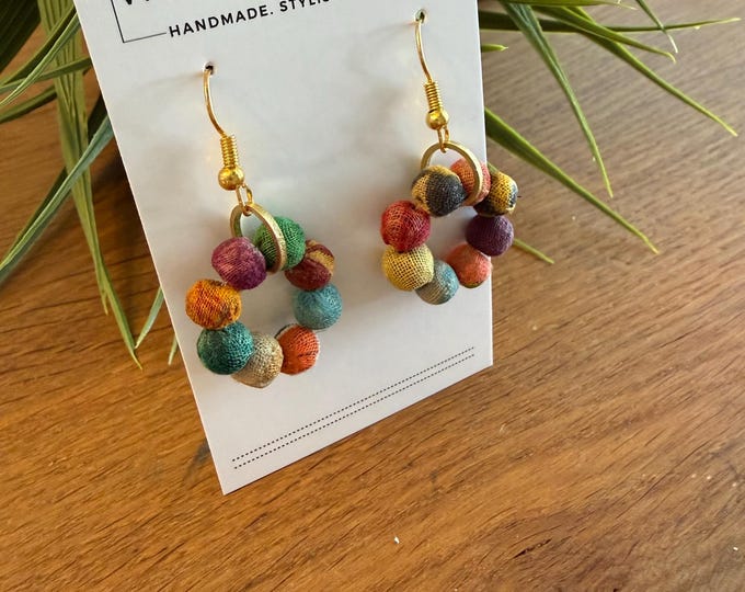Kantha bead earrings with brass circle accent, beaded earrings, circle earrings