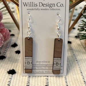 Wooden snowflake rectangle earrings