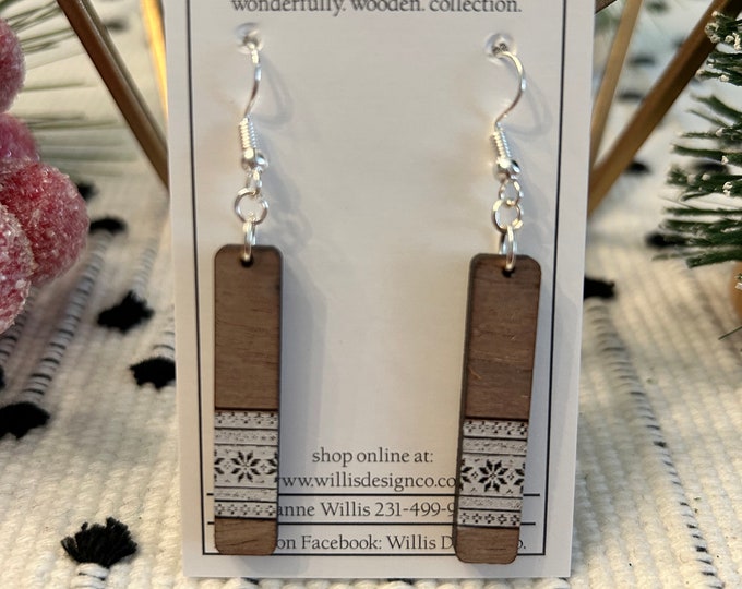 Wooden snowflake rectangle earrings