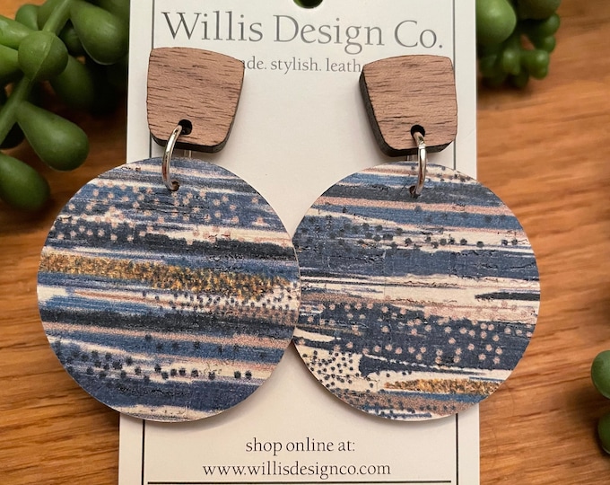 Night sky cork on leather circle with wood dangle earring