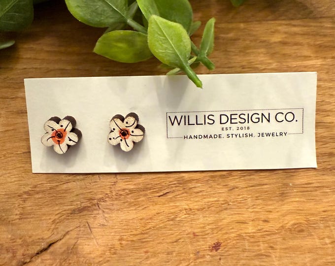 Hand painted wooden flower stud earrings