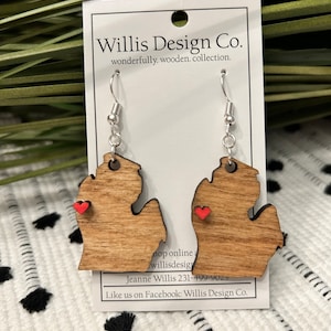 Wooden State of Michigan with customizable heart earrings, mitten earrings