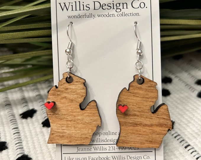 Wooden State of Michigan with customizable heart earrings, mitten earrings