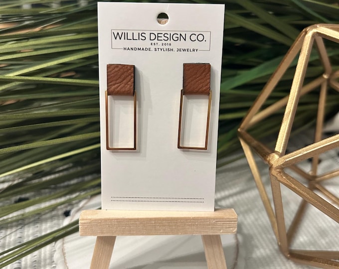 Brown leather and gold rectangle stud back earrings