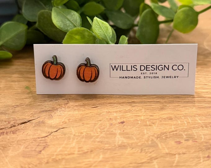 Hand painted wooded pumpkin stud earrings