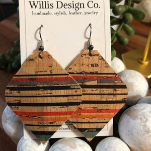 Multi-colored stripe cork on leather earrings