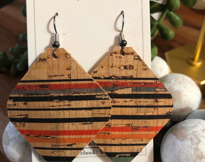 Multi-colored stripe cork on leather earrings