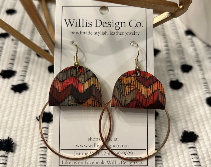 Multi-color chevron cork and gold hoop dangle earrings
