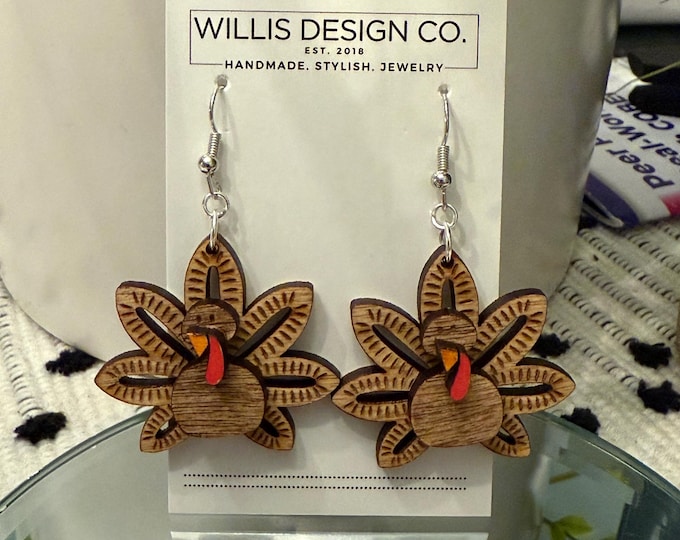 Handemade wooden Turkey earrings, Thanksgiving earrings