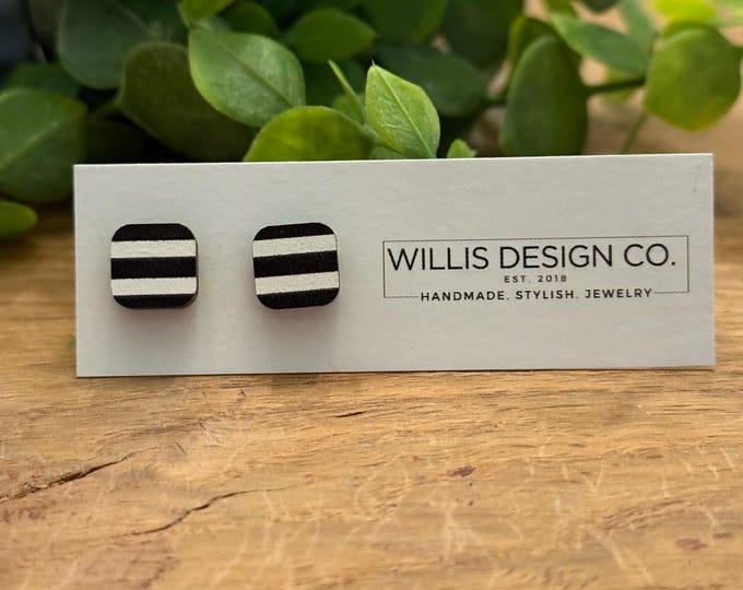 Black and white striped wooden stud earrings