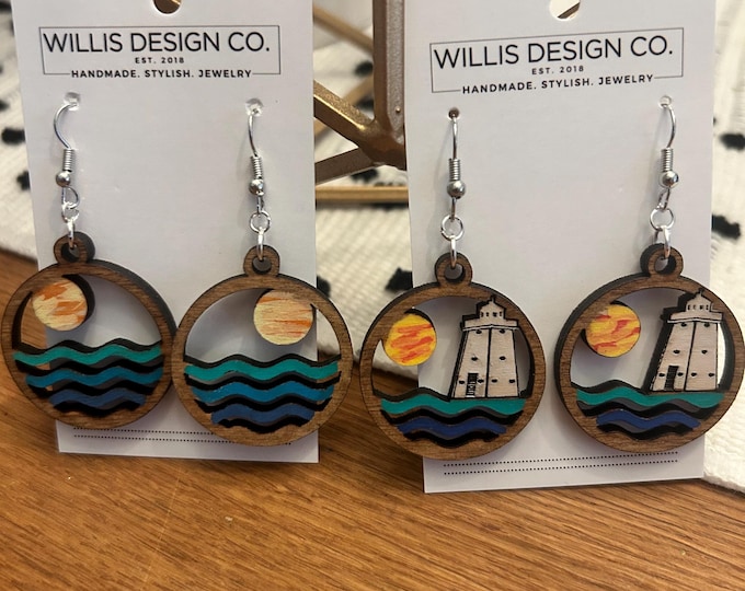 Hand painted wooden sunset over the water earrings, wood earrings, lake earrings, sunrise earrings, lighthouse earrings, summer, beach