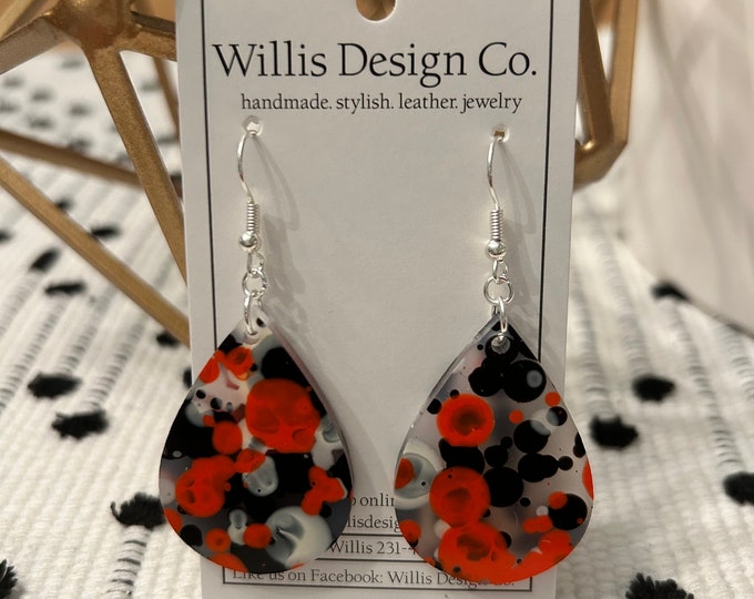 Black, Orange, and White acrylic earrings, Ludington Earrings, Oriole Earrings, Ludington Oriole
