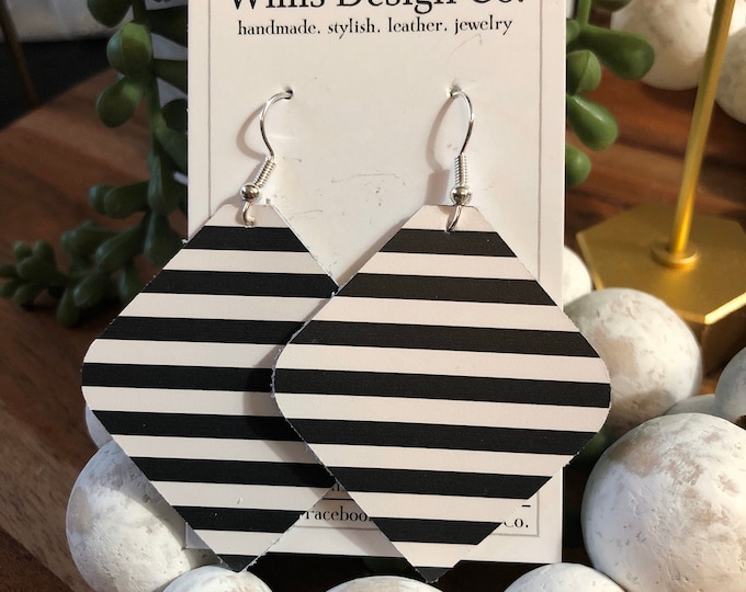Black and white stripe diamond leather earring