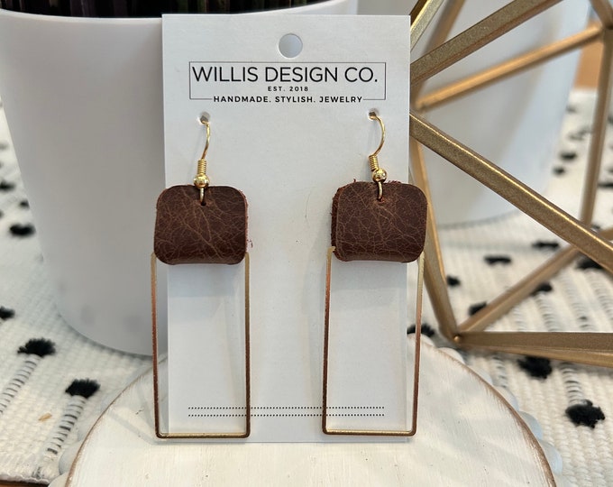 Brown leather and gold rectangle dangle earrings