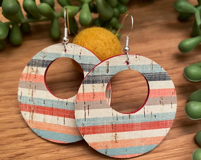 Spectacular stripes cork on leather circle cut out earrings.  Circle earrings, striped earrings