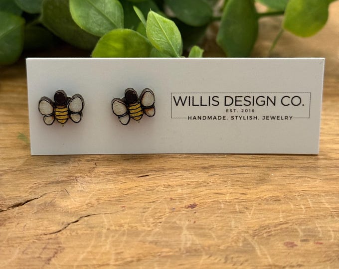 Hand painted wooden bee stud earrings