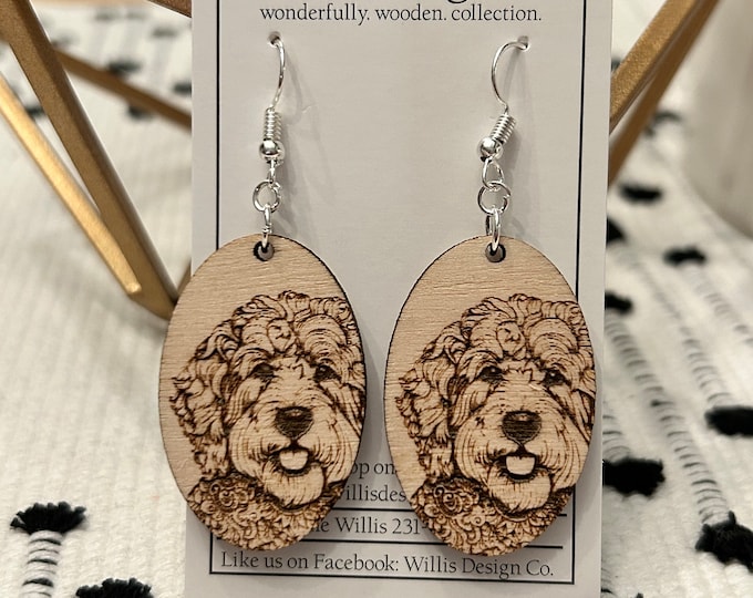 Wooden golden doodle oval earrings, dog earrings, Australian labradoodle earrings