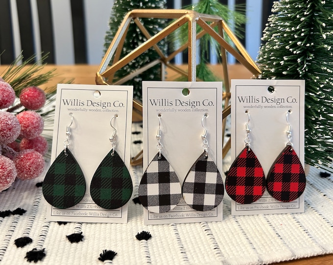Wooden buffalo plaid teardrop earrings