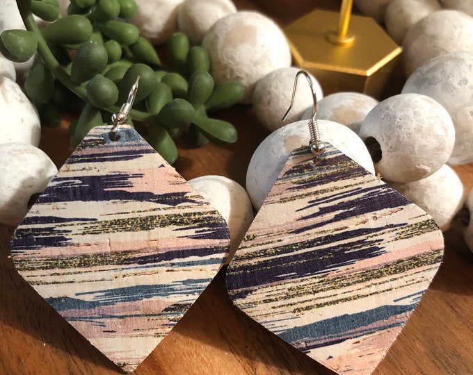 Watercolor cork on leather earrings