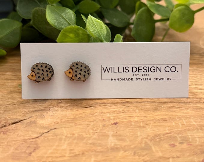 Hand painted wooden hedgehog stud earrings