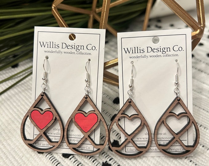 Wooden hockey stick heart teardrop earrings, Hockey mom earrings