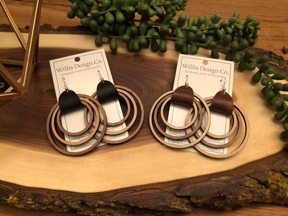 Genuine leather saddle with wood nesting hoop earrings, wood earrings, leather earrings, hoop earrings
