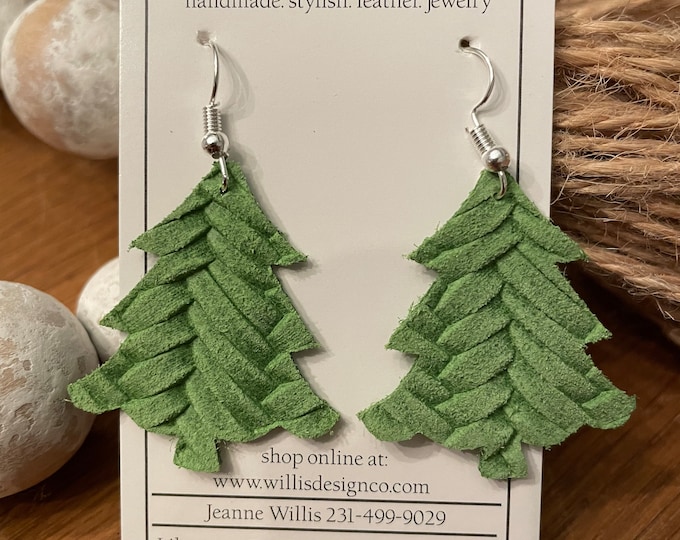 Green leather Christmas tree earrings