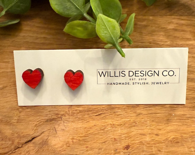 Hand painted wooden heart stud earrings