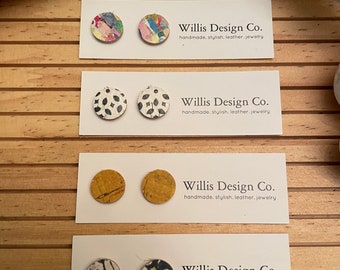 Cork on leather stud earrings, circle earrings