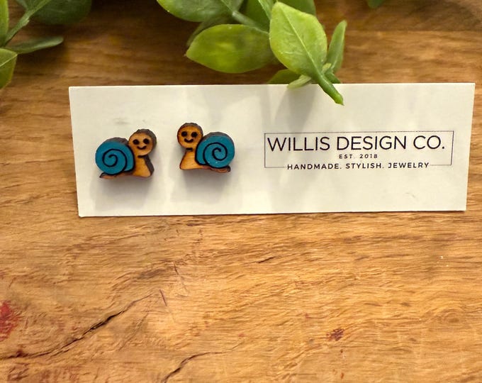 Hand painted wooden snail stud earrings