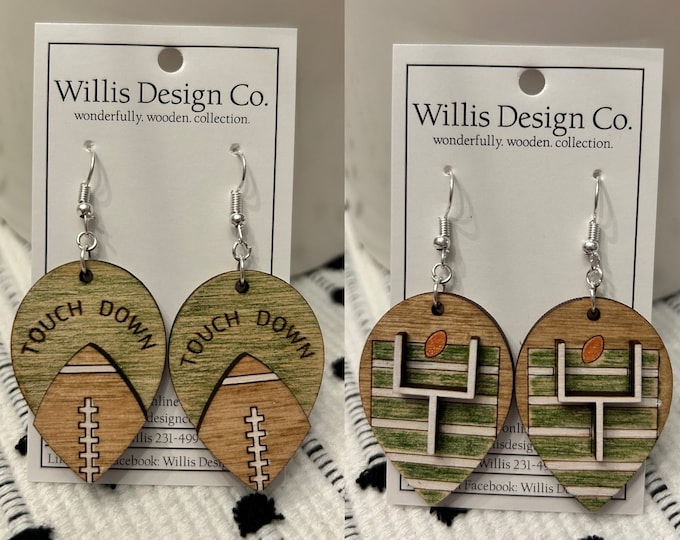 Wooden football earrings, hand painted earrings, Goal Post Earrings