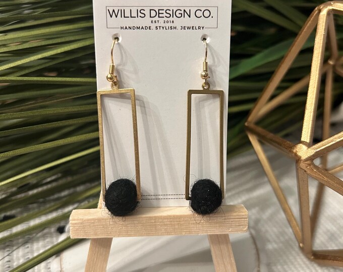 black felted and gold rectangle dangle earrings