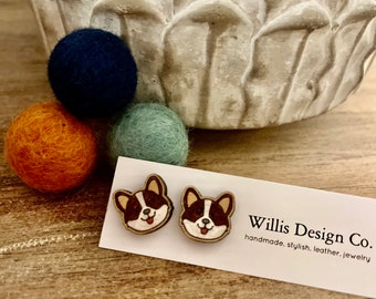 Hand painted wooden Corgi stud earrings, dog earrings