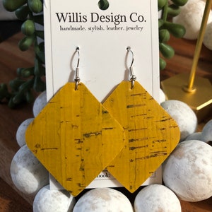 Goldenrod yellow cork on leather earrings